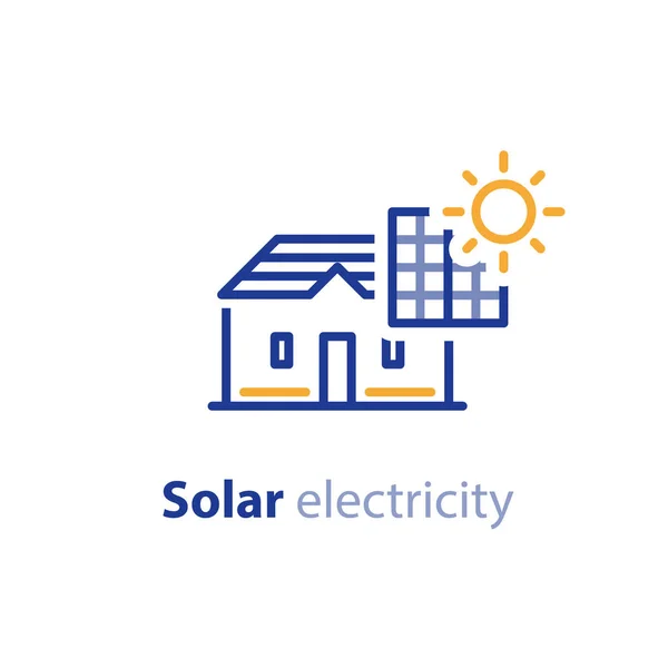太阳能源，太阳能电池板，家居解决方案，电力服务线图标 — 图库矢量图片