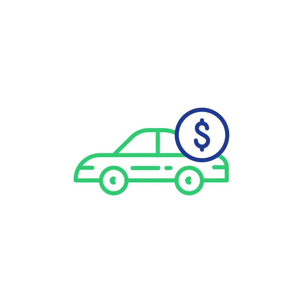 Icono de línea de coche y moneda de dólar, pago de transporte, alquiler de coche — Vector de stock