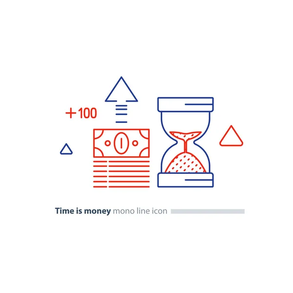 Pacote de dinheiro e vidro de areia, o tempo é conceito de dinheiro, ícones de linha de investimento financeiro —  Vetores de Stock