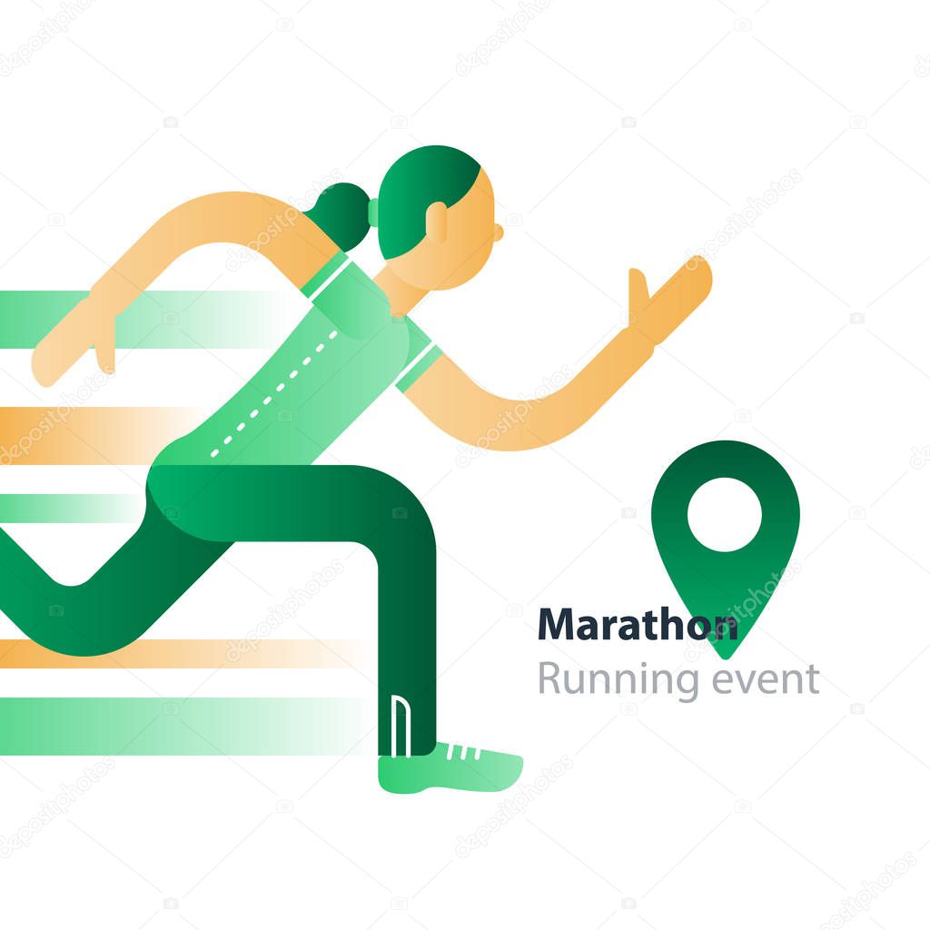Marathon event, running woman, sport race in motion, triathlon athlete, abstract cartoon, vector flat design illustration