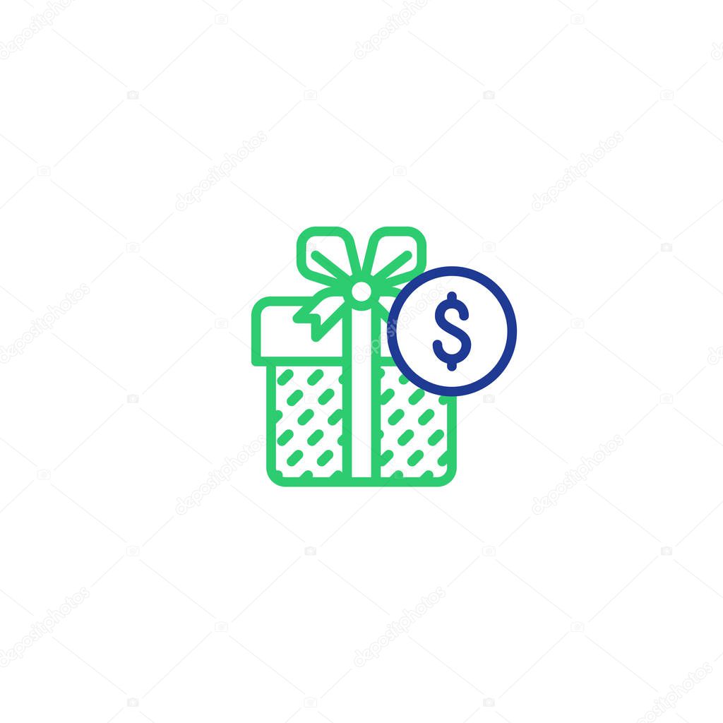 Gift box money line icon, reward concept, discount offer