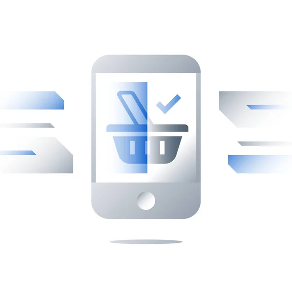 E-commerce concept, kruidenierswinkel mand symbool op het scherm van de mobiele telefoon, online voedsel winkelen en bestellen levering, smartphone app concept — Stockvector