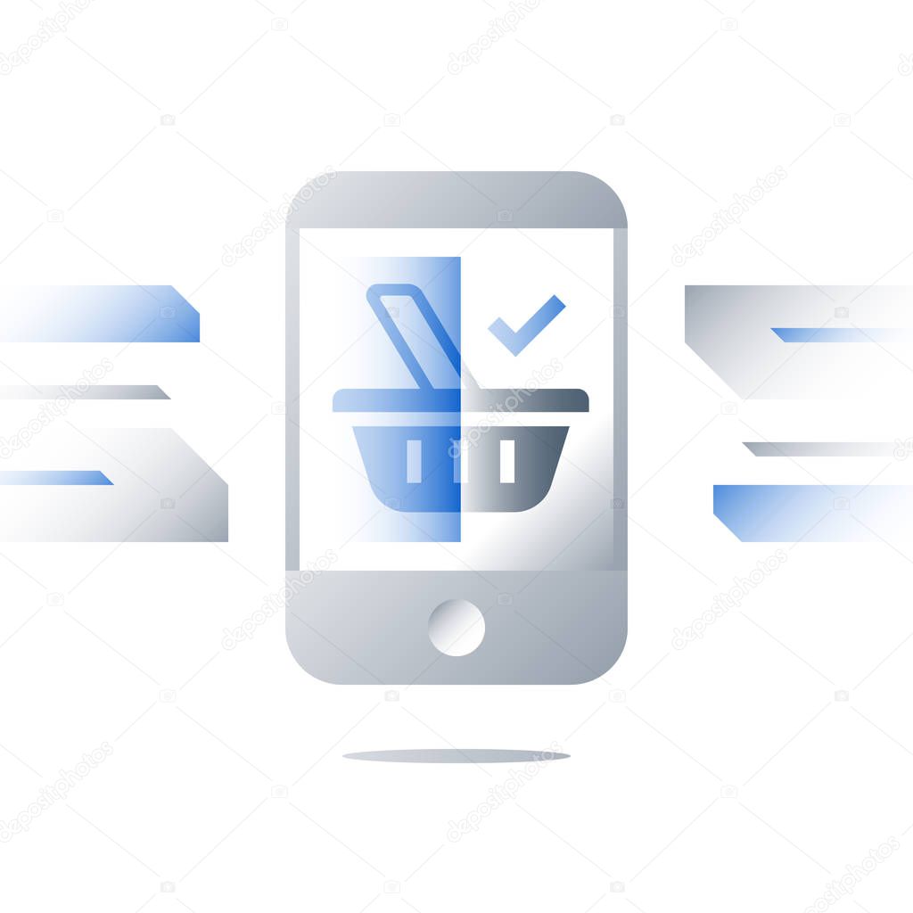 E-commerce concept, grocery basket symbol on mobile phone screen, online food shopping and order delivery, smartphone app concept