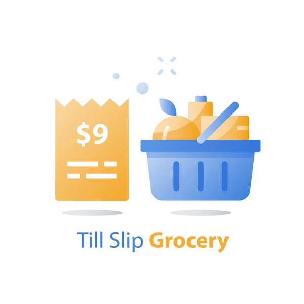 Custo de alimentos, até deslizamento e cesta de supermercado completo, oferta especial de supermercado, conceito de consumo — Vetor de Stock