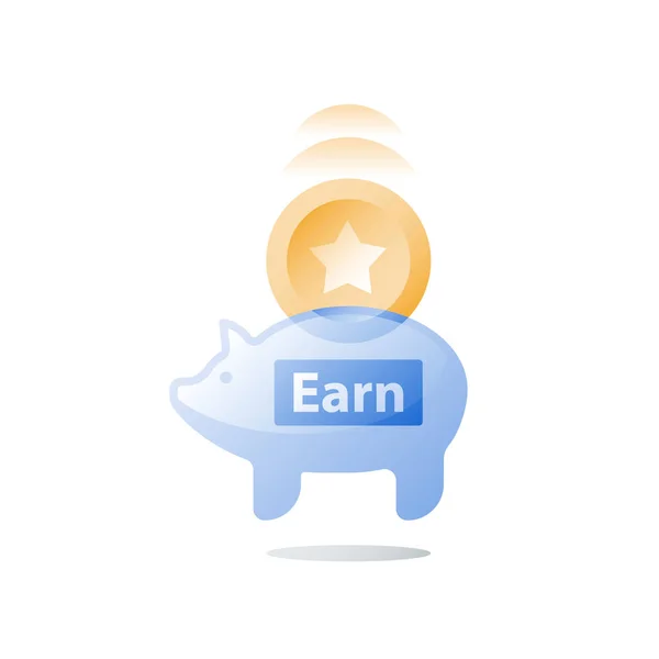 Piggy bank, verdienen punten, loyaliteitsprogramma, bonus tokens verzamelen, contant geld terug, extraatjes concept — Stockvector