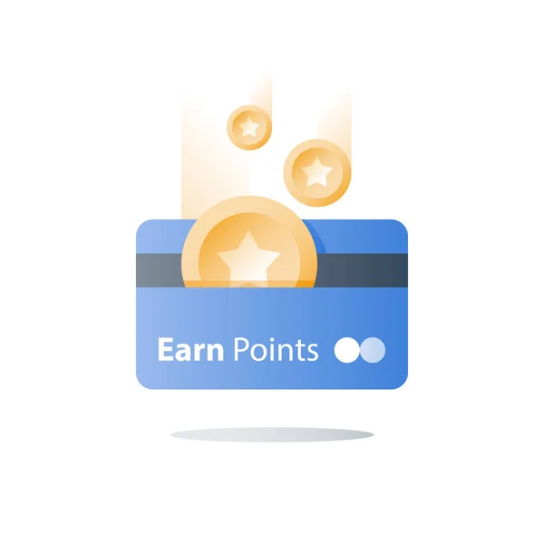 Loyaliteitsprogramma, beloning, bonus kaart verdienen, concept, vector platte pictogram extraatjes — Stockvector