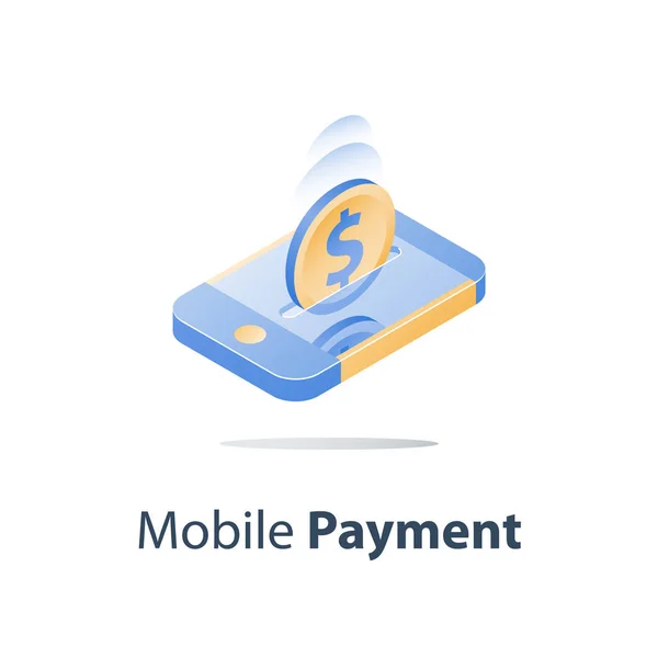 Ισομετρική smartphone και Δολάριο κέρμα, κινητών πληρωμών, ηλεκτρονικές τραπεζικές συναλλαγές, χρηματοοικονομικές υπηρεσίες, να στείλετε χρήματα — Διανυσματικό Αρχείο