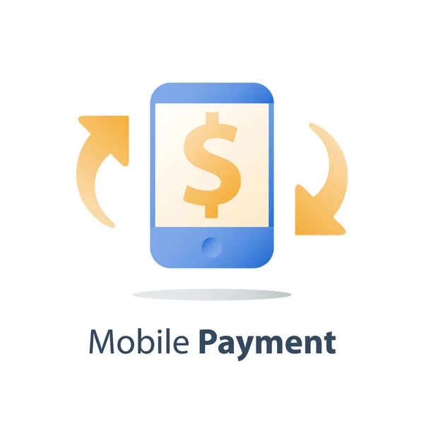 Smartphone και υπηρεσία συναλλάγματος, δολαρίου, κινητών πληρωμών, online τραπεζικές συναλλαγές, χρηματοοικονομικές υπηρεσίες — Διανυσματικό Αρχείο