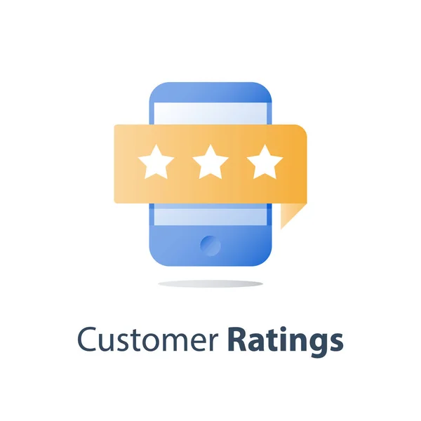 Smartphone och rating stjärnor, recension, service kvalitetsbedömning, feedback-undersökningen, opinionsundersökning, tillfredsställelse bedömning — Stock vektor