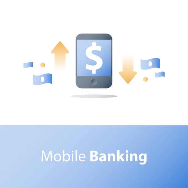Smartphone y cambio de divisas, signo de dólar, pago móvil, banca en línea, servicios financieros — Vector de stock