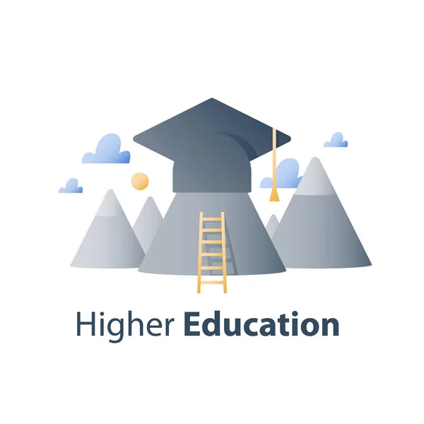 Diplômé chapeau et montagnes, enseignement supérieur, cours de formation aux affaires, concept de bourse, étude académique — Image vectorielle