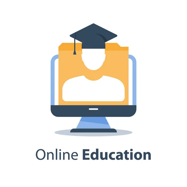 Web セミナー、教育セミナー、オンライン コース、主題講演、遠い試験、コンピューターのモニター、卒業の帽子の人 — ストックベクタ