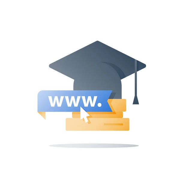 Веб-обучение, онлайн-образование, дистанционное обучение, выпускная шляпа и стопка книг, курсор со стрелкой мыши — стоковый вектор