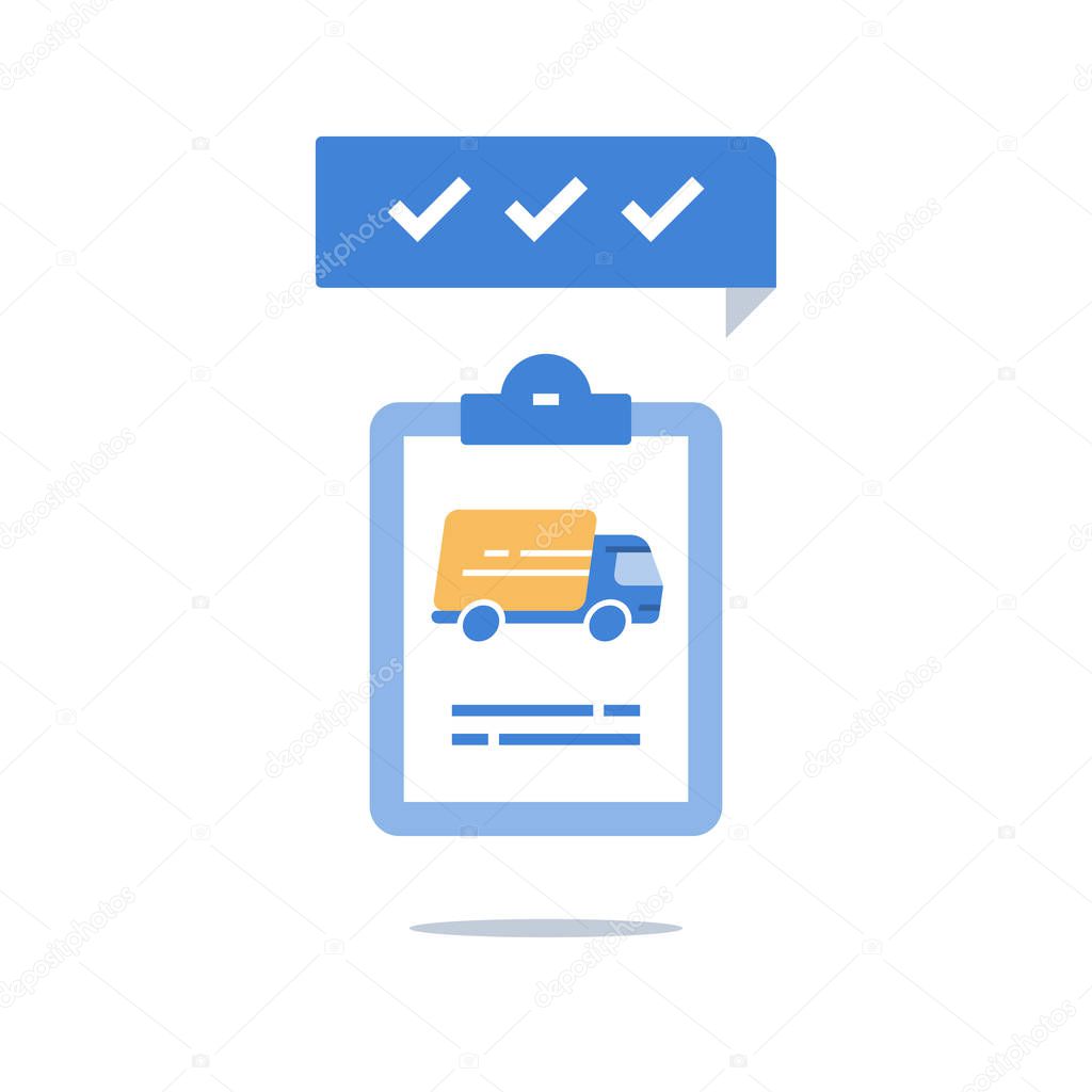 Distribution services, order delivery, fast shipping, logistics concept, rental truck, vector icon