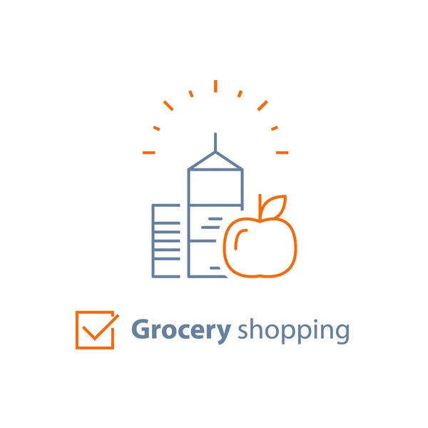 Eten en drinken kruidenier orde, verbruik concept, winkel retailproducten, lijn pictogram — Stockvector