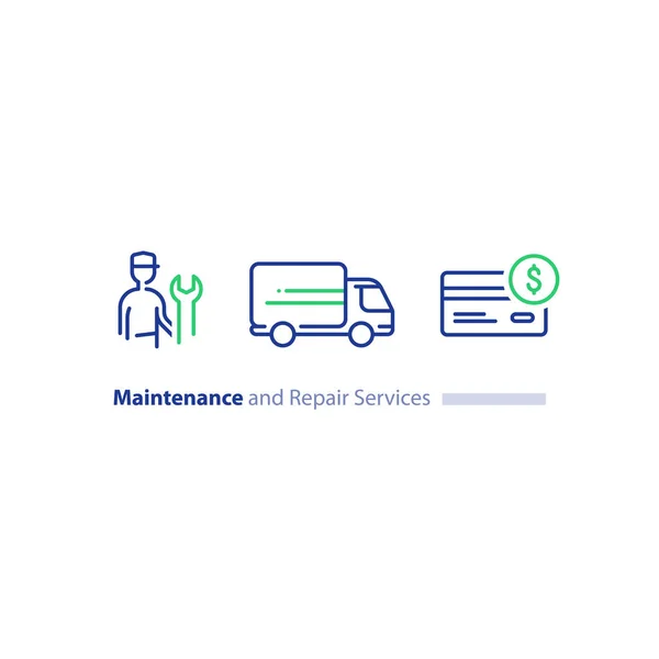 Technicien avec clé, soutien à la clientèle, entretien des réparateurs, livraison de camions, jeu d'icônes d'achat par carte de crédit — Image vectorielle