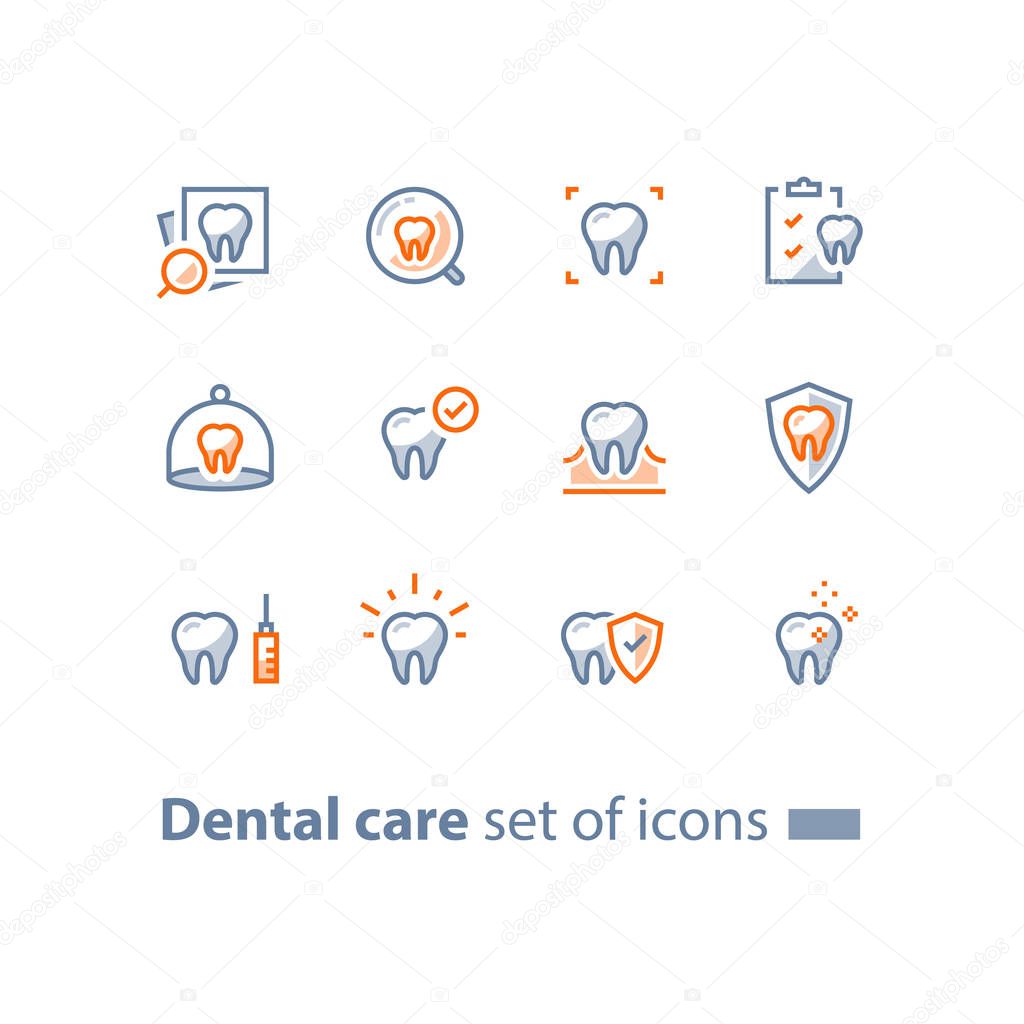 Dental care, prevention check up, hygiene and treatment, stomatology services, tooth and checklist, vector line icon set, linear design