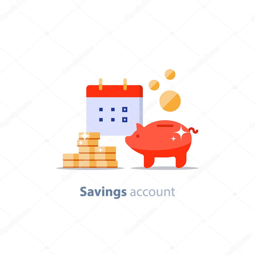 Future investment, financial calendar date, payment period, pension fund, superannuation finance, piggy bank, vector illustration