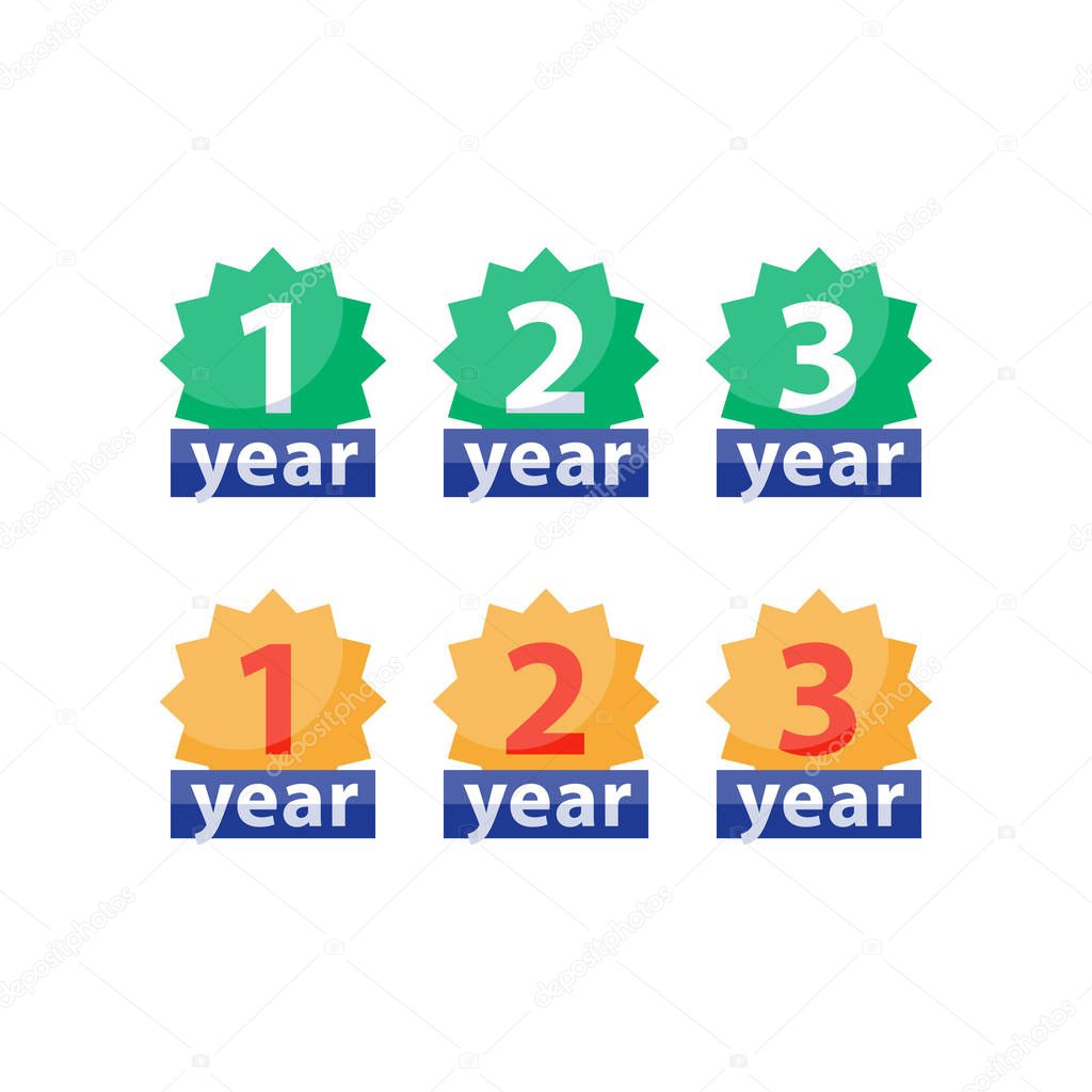 Years of warranty stamp set, one two three numbers, guarantee signs, approved symbol, best choice mark, vector flat icons