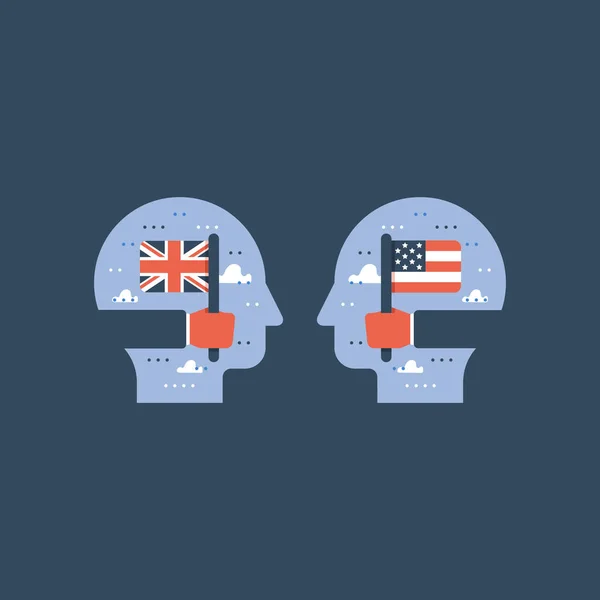 Bandeiras americanas e britânicas, aprender inglês, programa de educação, intercâmbio internacional de estudantes — Vetor de Stock