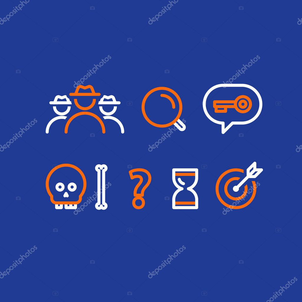 Detective game concept, quest playing items, crime investigation, deductive riddle, vector line icons