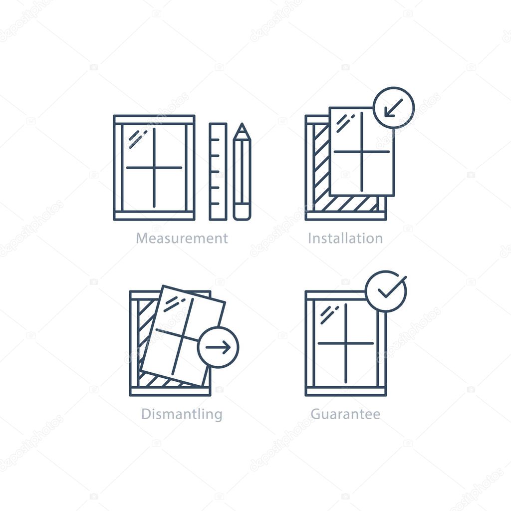 Window installation services, replacement steps, vector mono line icons set