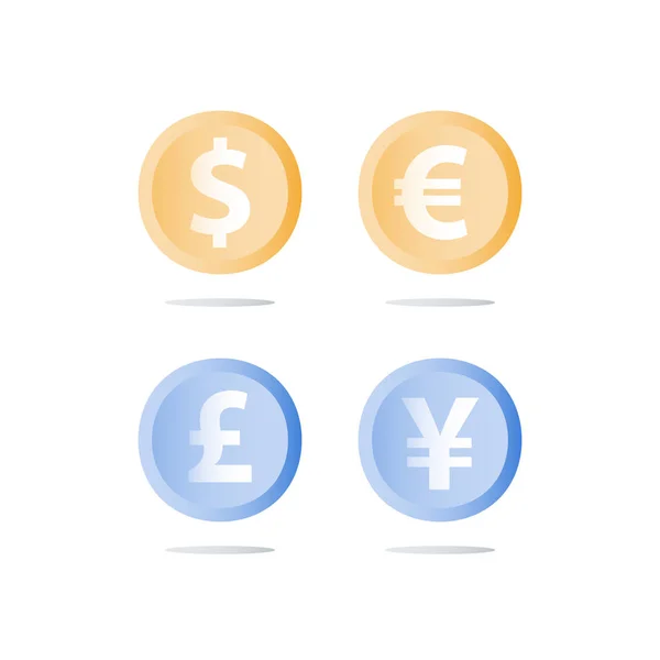 Câmbio de moeda, dólar, euro, lagoa e moedas de iene, empréstimo em dinheiro, conceito de finanças — Vetor de Stock