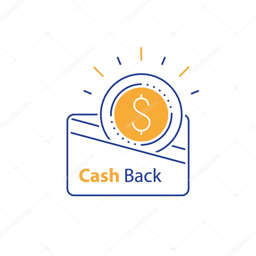 Cash back, currency credit card, fast easy loan, loyalty concept, collecting bonus, earn reward, line icon