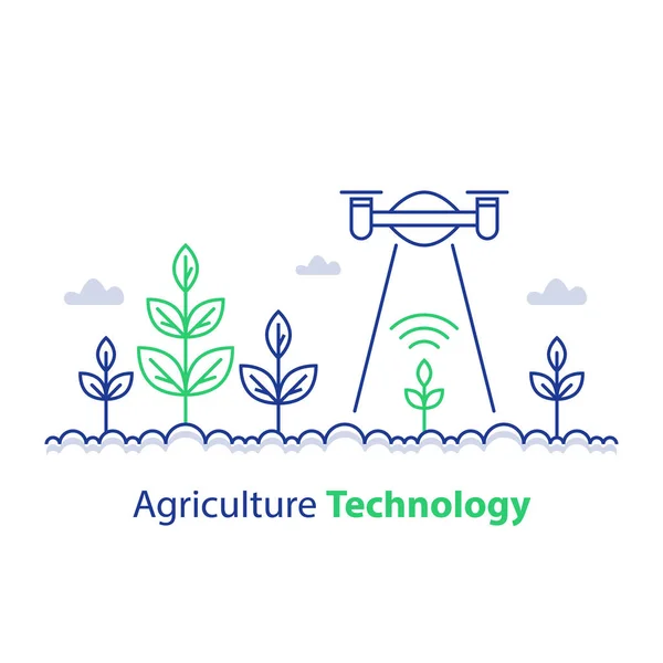 Smart hodowli, rolnictwa technologii, łodygi rośliny i latanie drone, innowacji koncepcja, rozwiązanie automatyzacji, kontroli wzrostu — Wektor stockowy