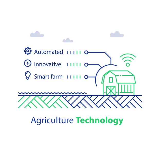 Inteligentne rolnictwo, technologia rolnictwa, barn house i sygnału sieci bezprzewodowej, zautomatyzowane i innowacyjne rozwiązania — Wektor stockowy