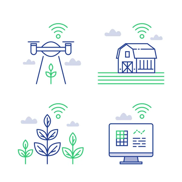 Smart farming, agricultural innovation, distant management, collecting data with drone, wireless technology, automated processes — Stock Vector