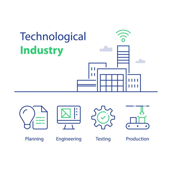 Modern fabrieksgebouw, technologische industrie, geautomatiseerde productie, slimme oplossing, lopende band, kwaliteitscontrole — Stockvector