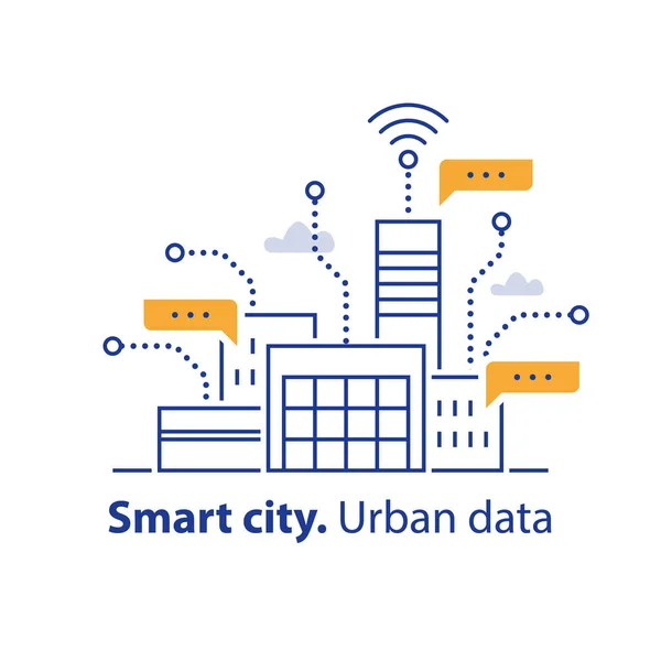 市、便利なサービス、モダンな技術、オフィスビル エリアにスマート都市データを収集します。 — ストックベクタ