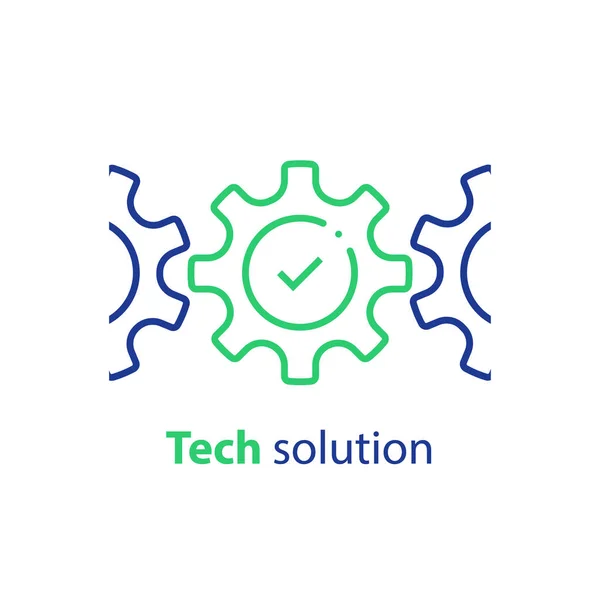 Cogwheel y marca de verificación, concepto de integración, solución tecnológica, cumplimiento del sistema, automatización empresarial, desarrollo de software — Vector de stock