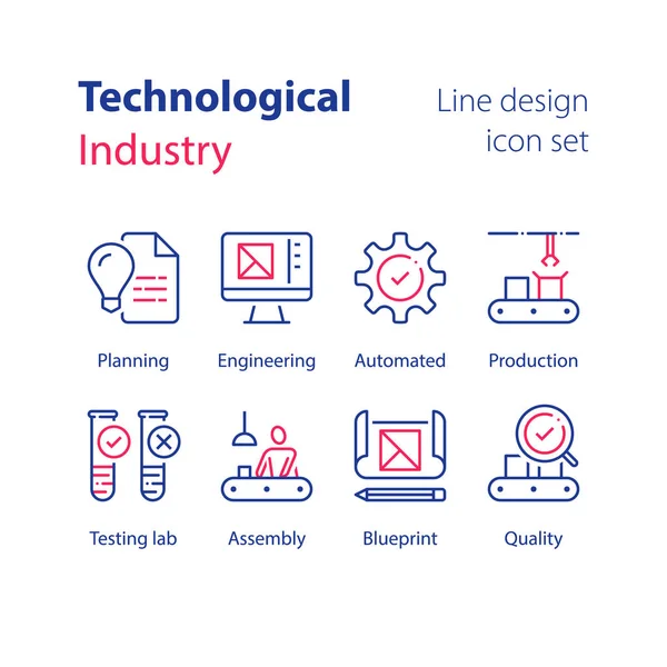 Industria automatizzata, produzione tecnologica, operai alla catena di montaggio, controllo qualità, laboratorio di prova, tubo campione — Vettoriale Stock