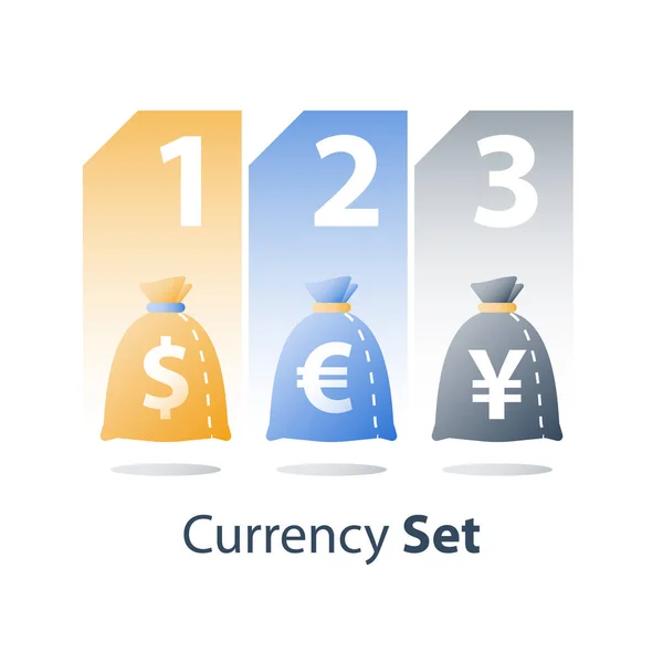 Répartition des actifs, dollar, euro et yen monnaie, sac d'argent, concept de diversification, fonds d'investissement, stratégie financière — Image vectorielle