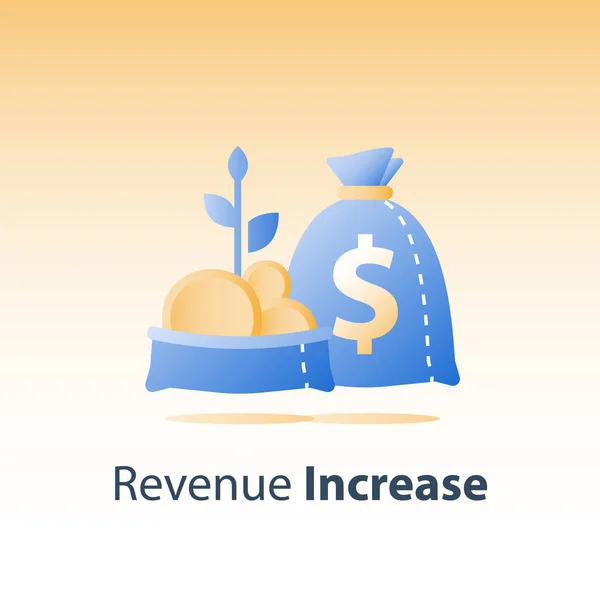 Sac ouvert avec pièces d'or et tige de plante, croissance financière rapide, augmentation des revenus, gagner plus d'argent, fonds d'investissement, gestion de patrimoine — Image vectorielle