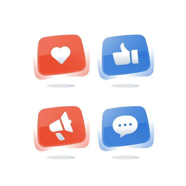 Marketing de mídia social, botão polegar para cima, mensagens on-line, conjunto de ícones vetoriais — Vetor de Stock