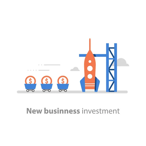 Lançamento de foguetes, novos negócios, conceito de start-up, atraindo dinheiro, captação de fundos, capital de risco, investimento futuro — Vetor de Stock
