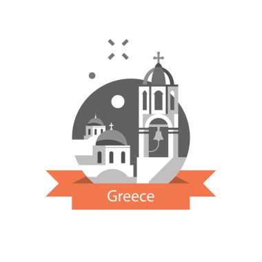 Yunan mimarisi, Yunanistan seyahat hedef, Santorini Beyaz ve mavi ev kubbe çatı stilize konsepti, çan kulesi ile