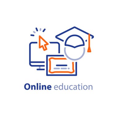 Eğitim kaynakları vektör hat Icon set, online eğitim kursları, uzak eğitim, üniversite diploması, mezuniyet şapka, e-öğrenme Rehberler