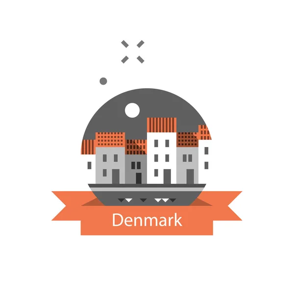 Tourismus in Europa, Dänemark Reiseziel, Kopenhagen Häuserzeile am Wasser, Nyhavn Straße mit Kanal, berühmtes Wahrzeichen — Stockvektor