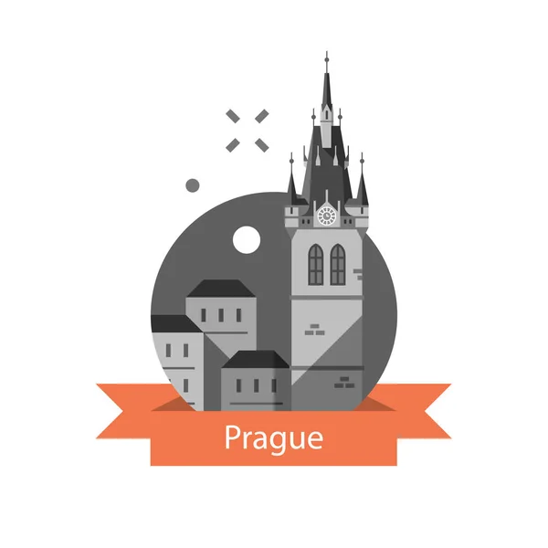 Praga símbolo, casco antiguo, torre con reloj y grupo de casas, República Checa destino de viaje — Vector de stock