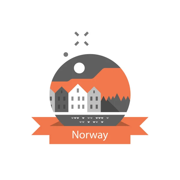 Bergen, linha de casas à beira-mar, Noruega destino de viagem, Escandinávia, conceito de turismo, marco famoso —  Vetores de Stock