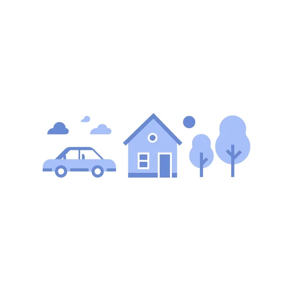 Пригородный дом с автомобилем, летний дом, сельская сторона, недвижимость, векторная икона — стоковый вектор