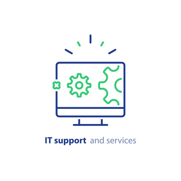 Actualización de la computadora, actualización del sistema, instalación de software, servicios de reparación, icono de línea de soporte de TI — Vector de stock