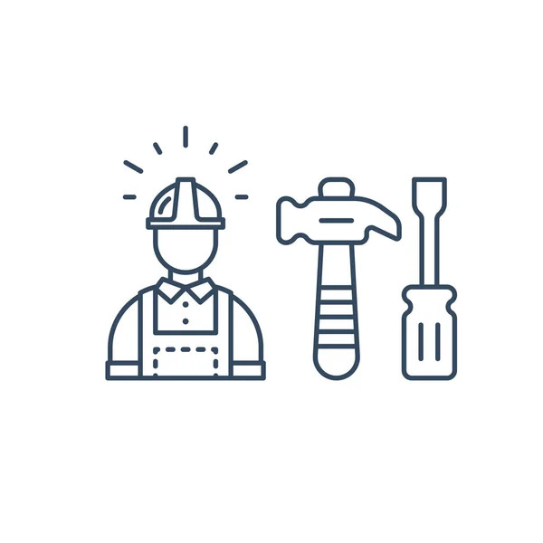 Mano de obra, trabajador de la construcción en casco, herramientas de trabajo — Vector de stock