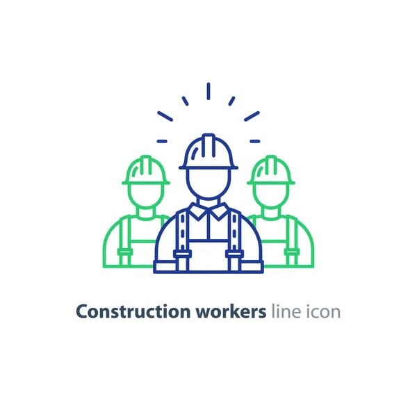 Mano de obra, grupo de trabajadores de la construcción en casco, tres constructores — Vector de stock