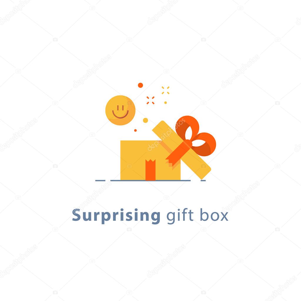 Prize give away, surprising gift, emotional present, fun experience, gift idea concept, flat icon