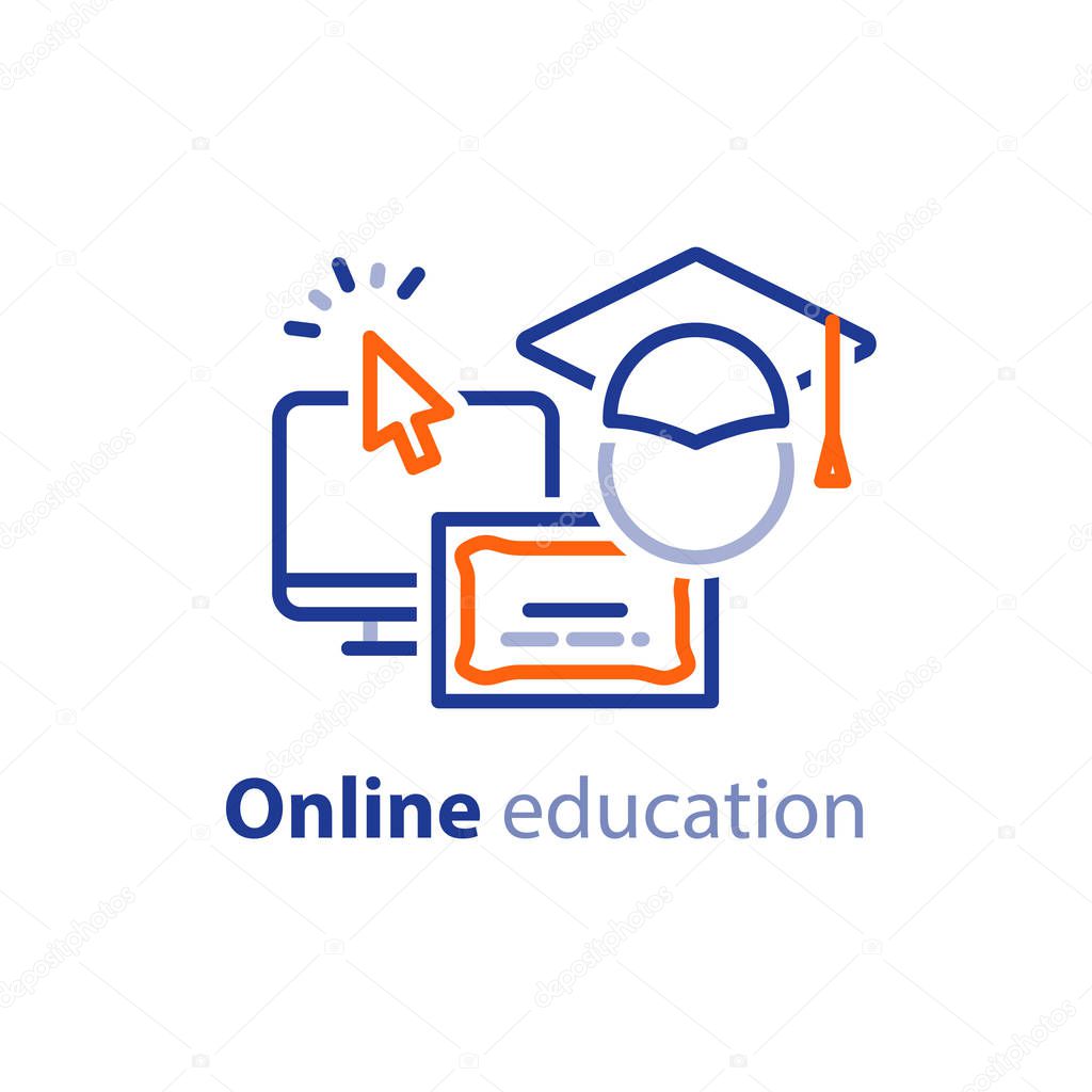 Educational resources vector line icon set, online learning courses, distant education, university degree, graduation hat, e-learning tutorials
